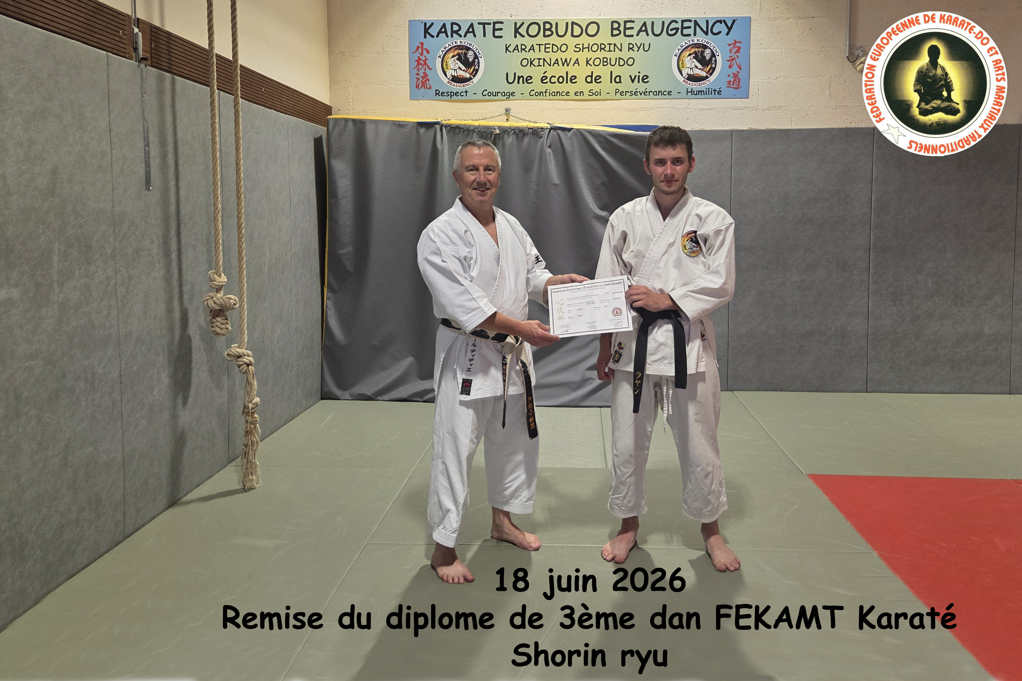 Remise du diplôme de 3ème dan FEKAMT Karaté Shorin ryu à Ryan SOARES - juin 2026